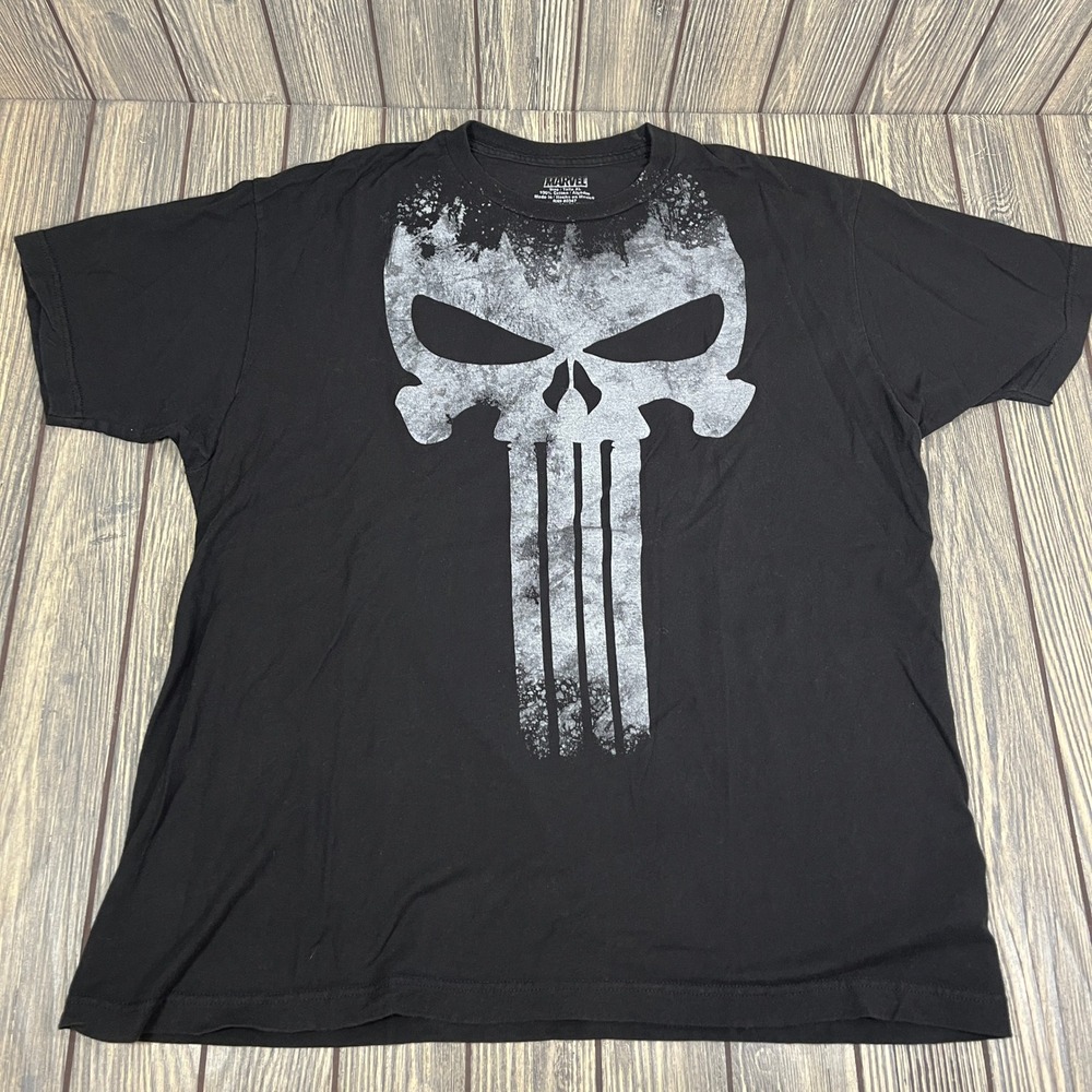 Marvel Punisher T-Shirt Mens XL Black Skull Graphic Tee Comic Book Grunge Action